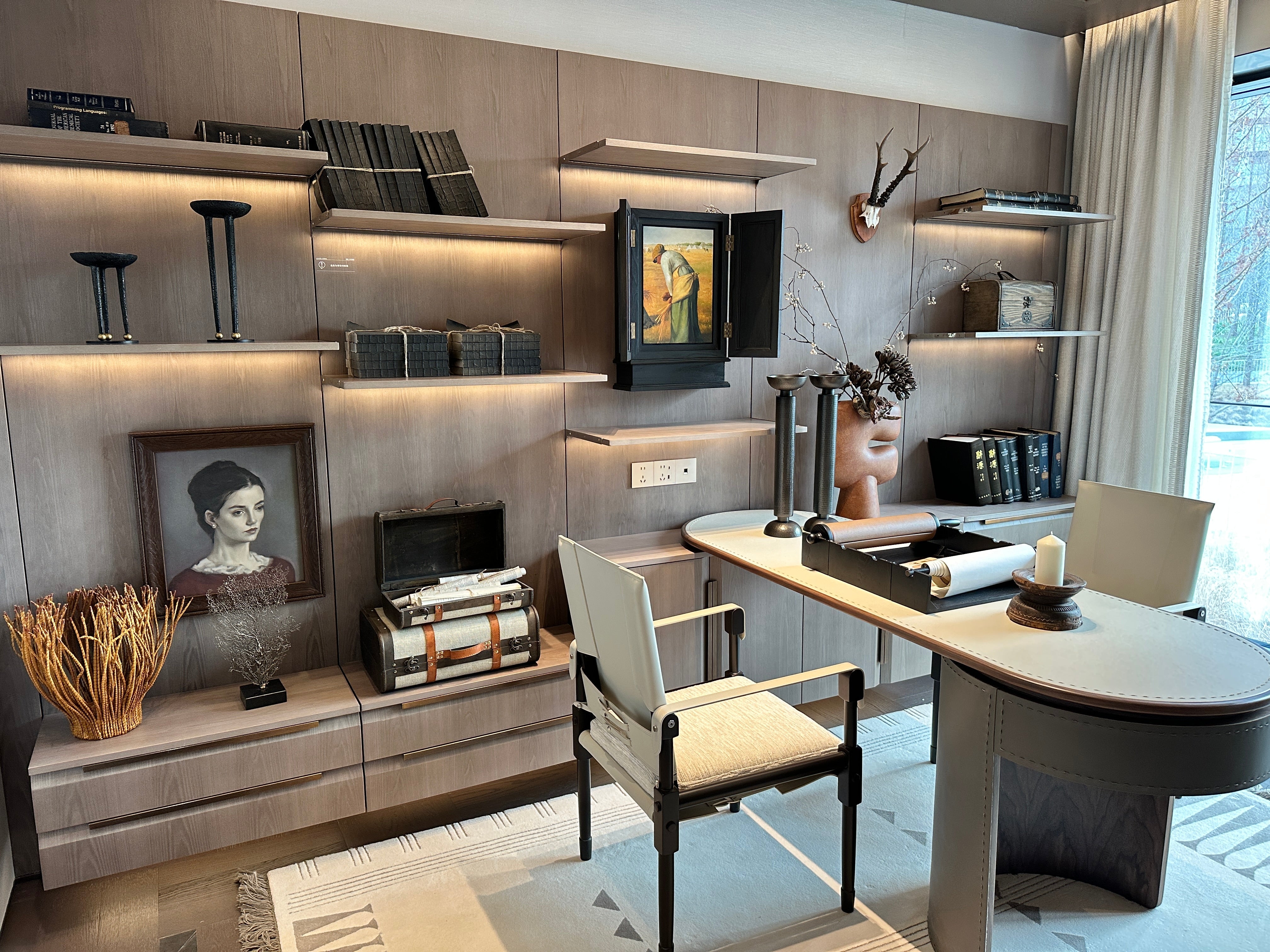 Warm modern study cabinetry and storage