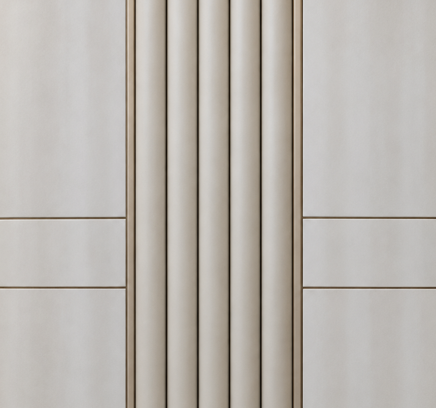 Leather-wrapped fluted divider in a custom wardrobe