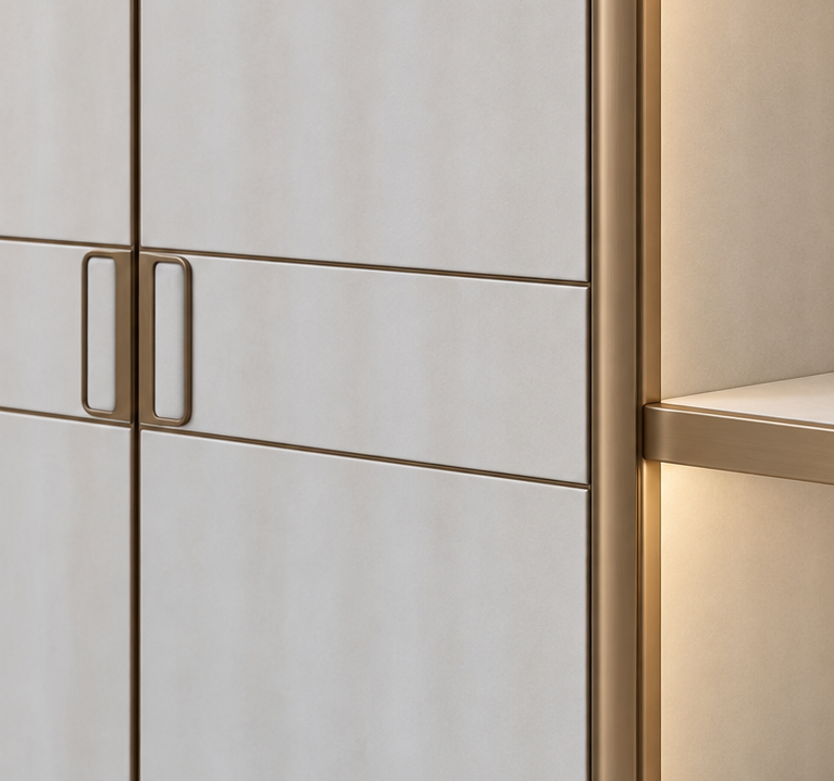 Illuminated display shelves in an antelope leather wardrobe