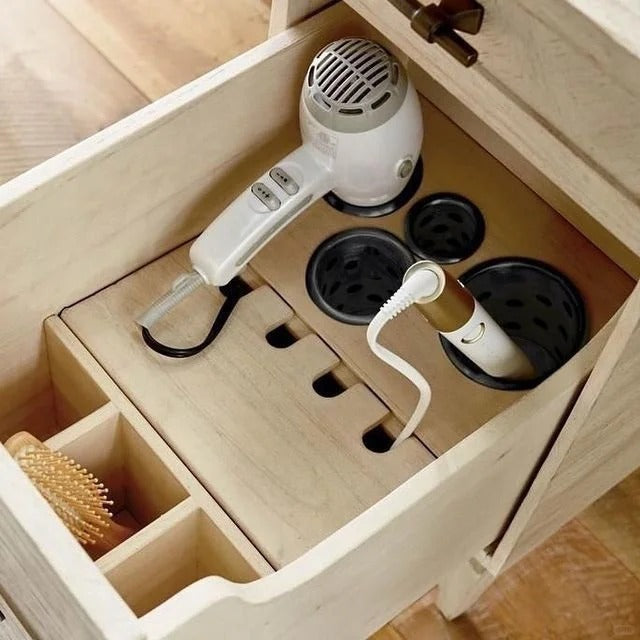 Organised beauty product storage inside the dressing vanity