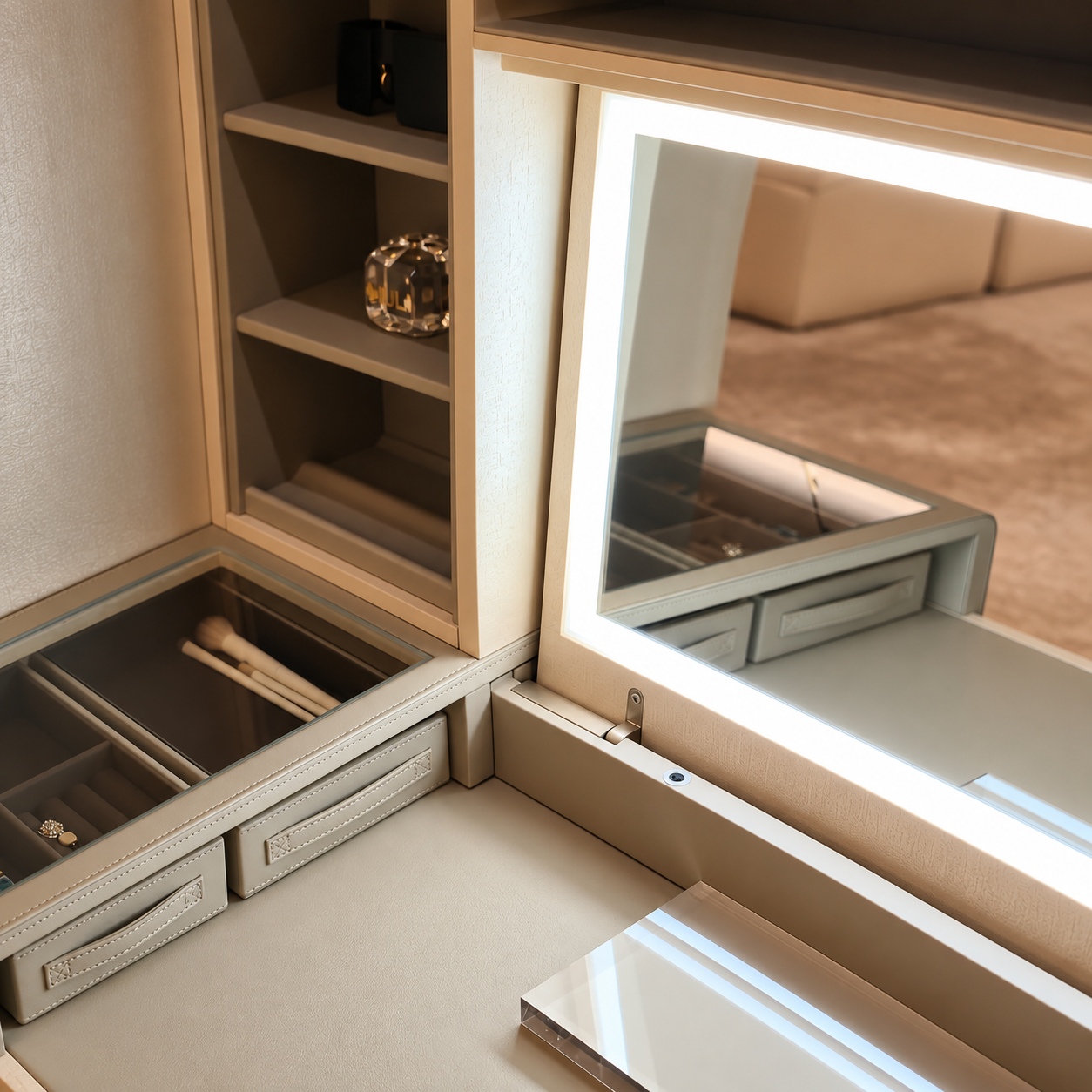 Integrated illuminated dressing mirror