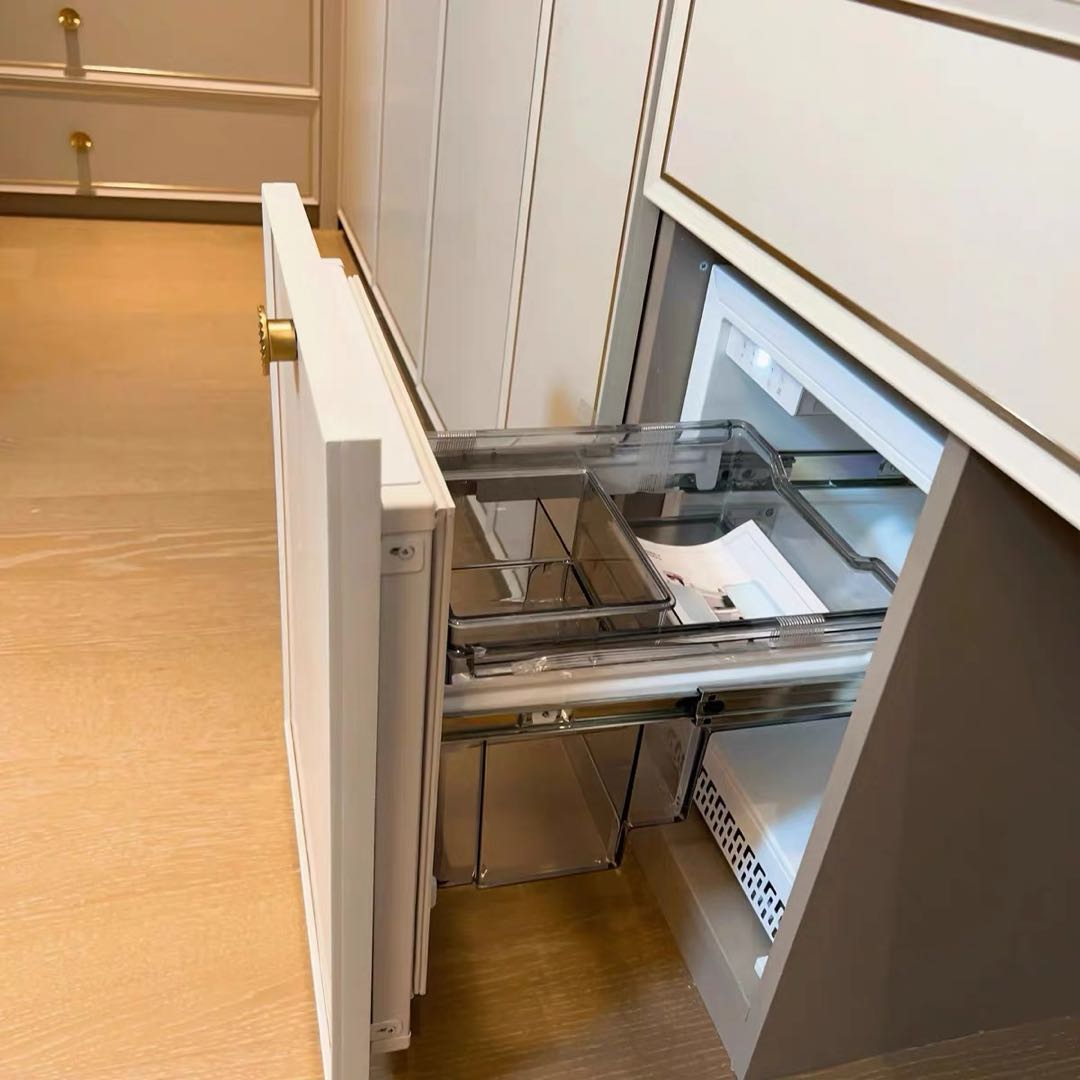 Integrated beauty fridge concealed within the dressing vanity