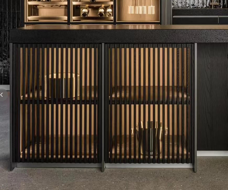 Concealed slatted home bar cabinet door