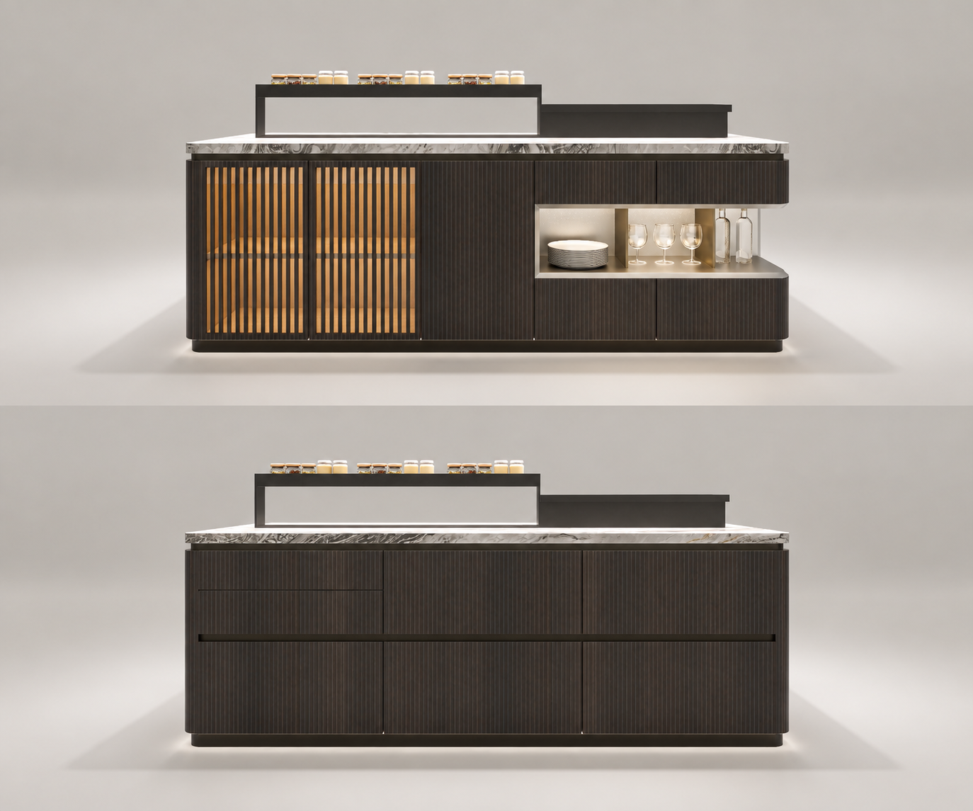 Meerkat Home kitchen island and home bar, front and rear views