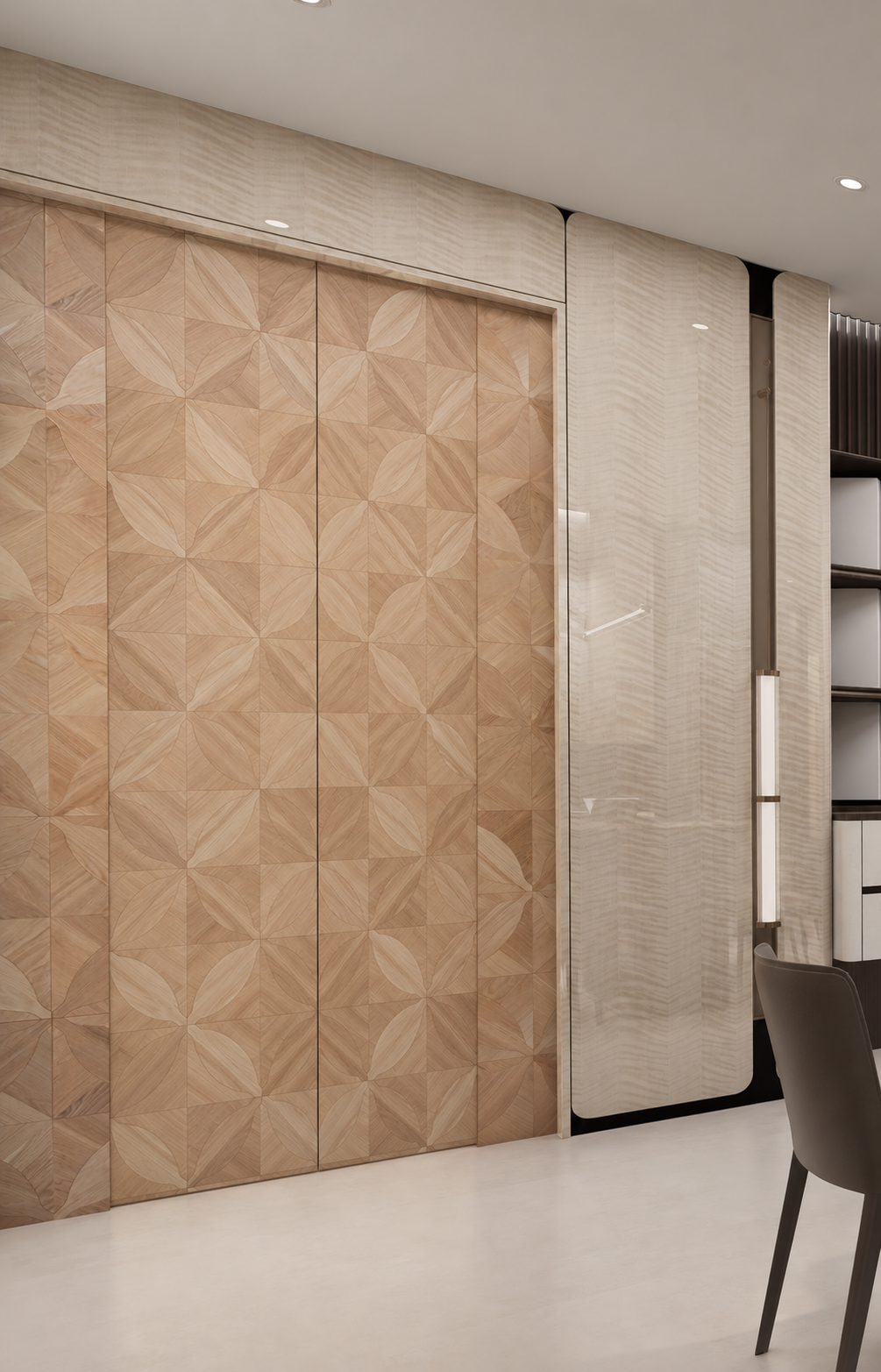 Closed marquetry wood veneer pocket doors concealing the walk-in wardrobe in Singapore