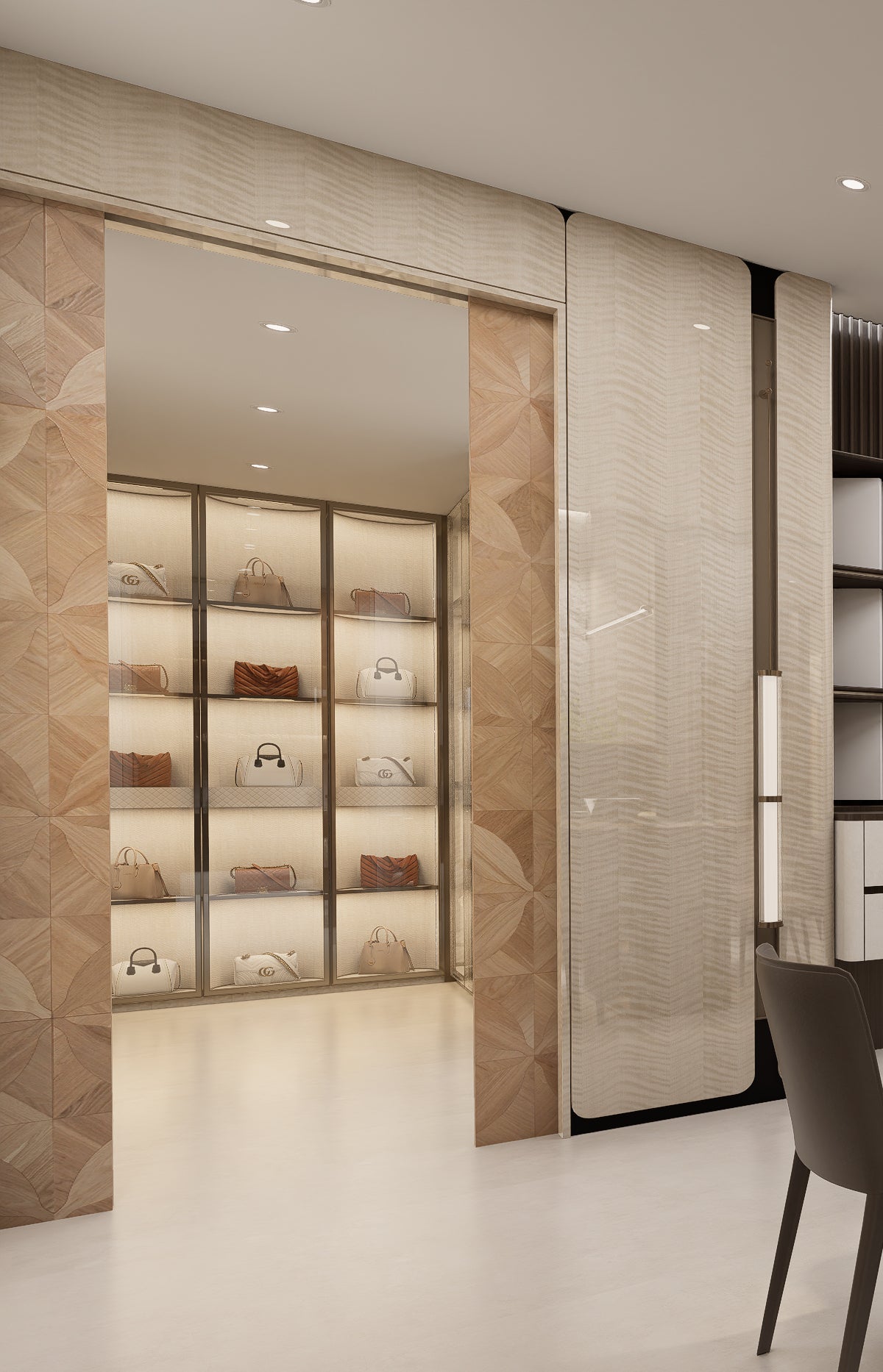 Open marquetry wood veneer pocket doors revealing a walk-in wardrobe by Meerkat Home Singapore