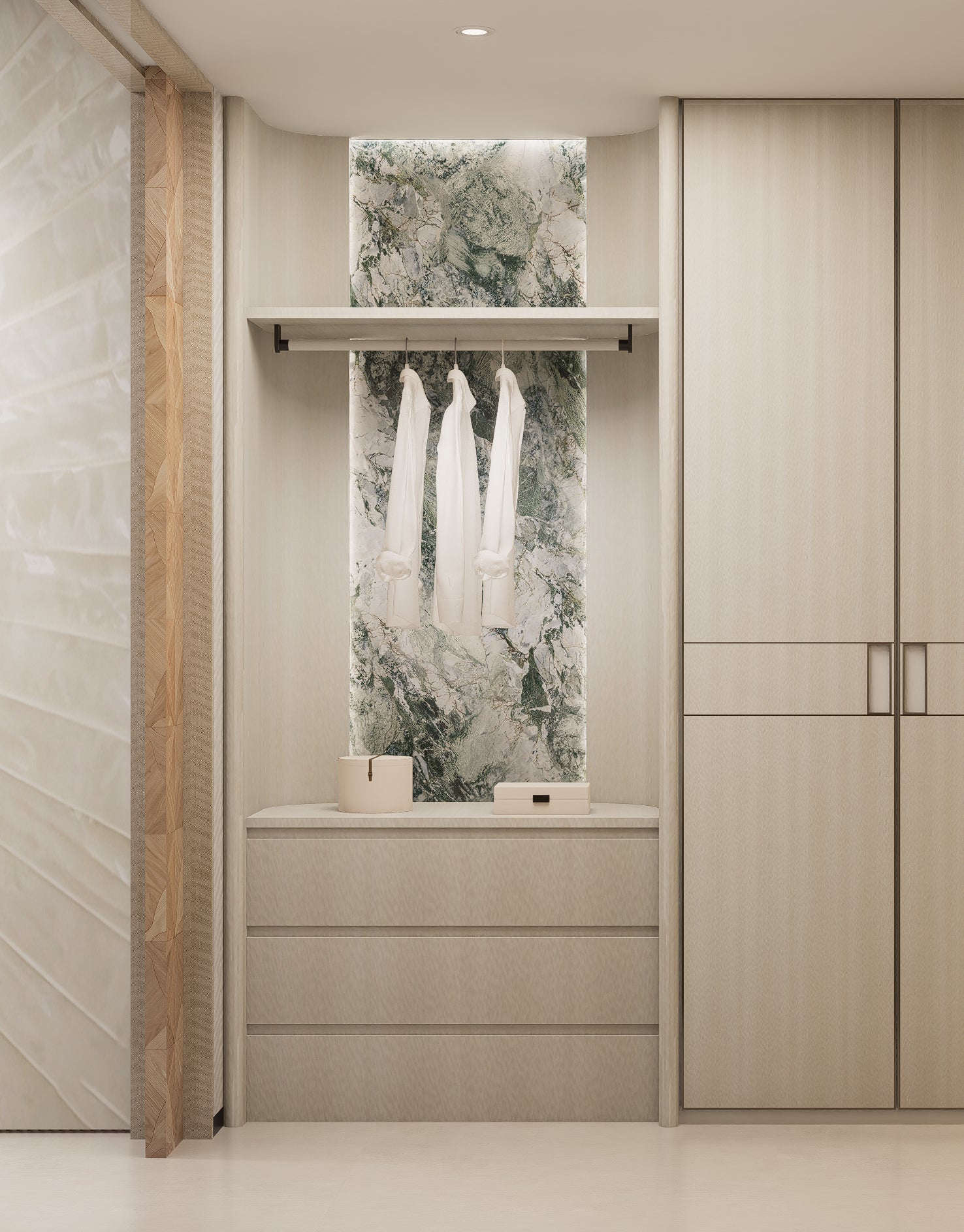 Open hanging zone, drawers and closed wardrobe storage in Meerkat Home design imagery