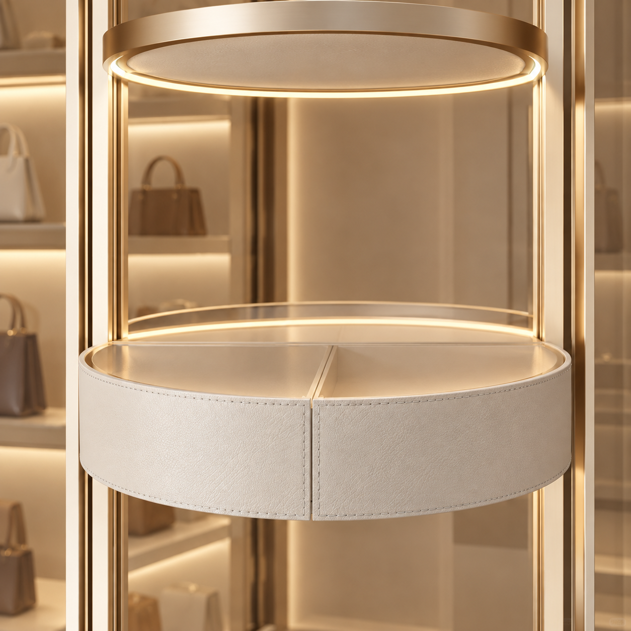 Curved display shelf inside a rotating handbag cabinet