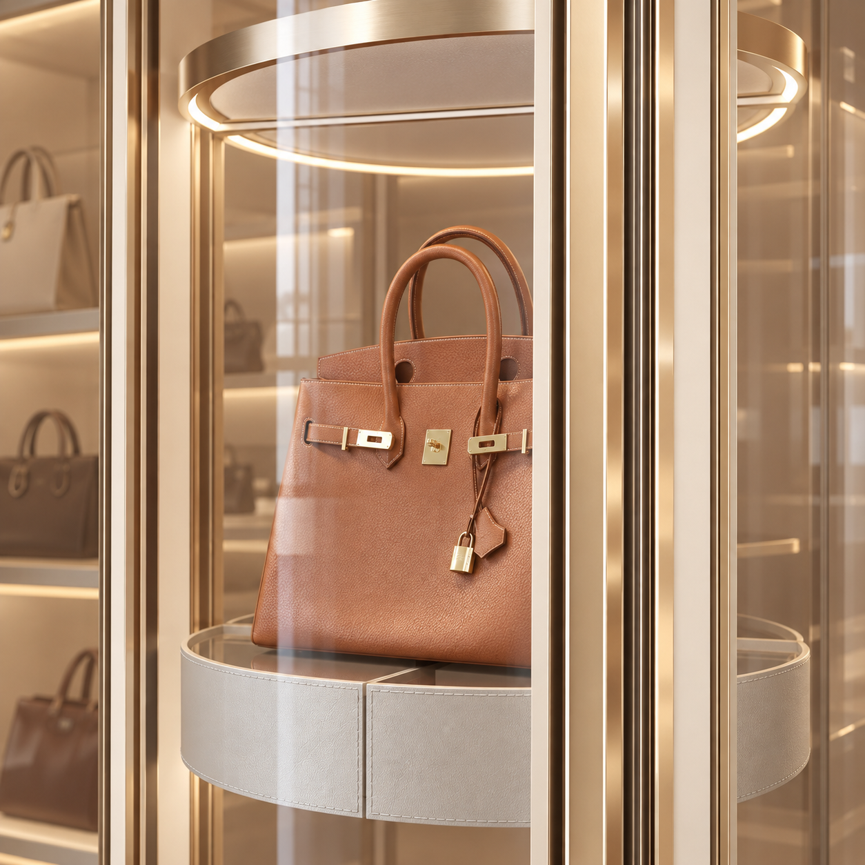 Glass display door detail of a rotating handbag cabinet