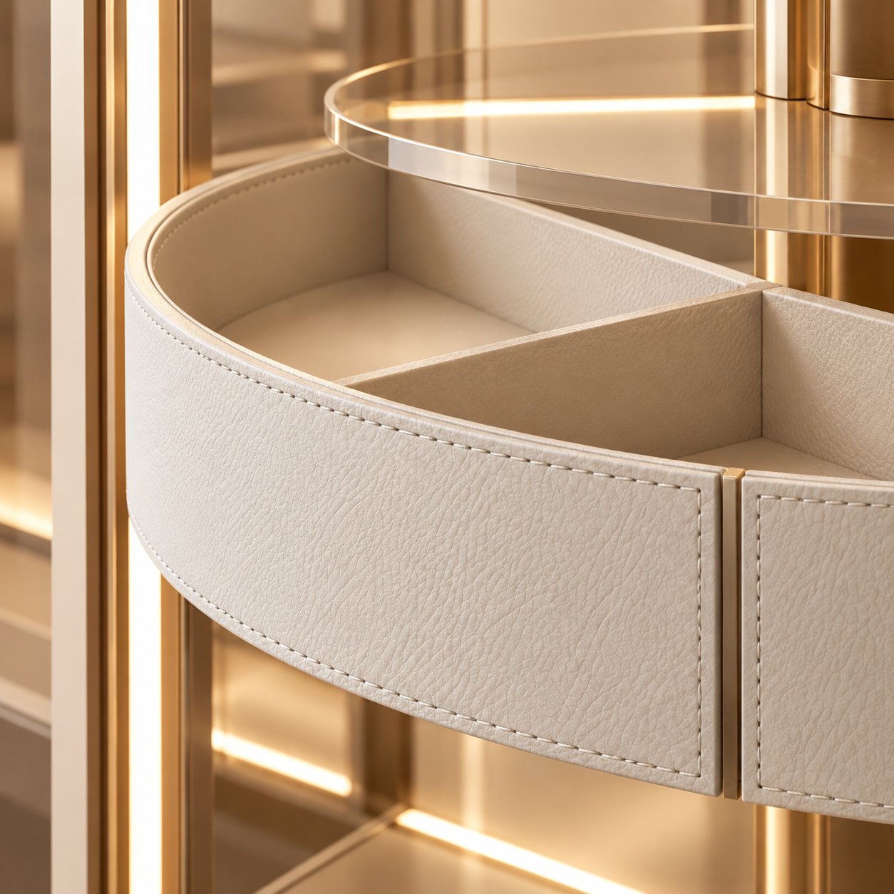 Leather-wrapped tray detail in a rotating handbag cabinet