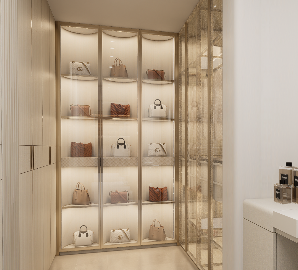 Meerkat Home illuminated rotating handbag cabinet in a luxury dressing room in Singapore