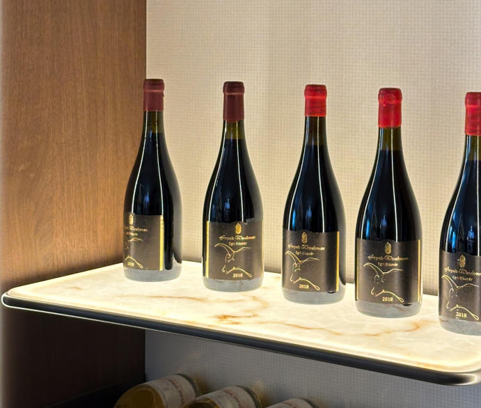 Illuminated stone shelf displaying wine bottles in the social kitchen
