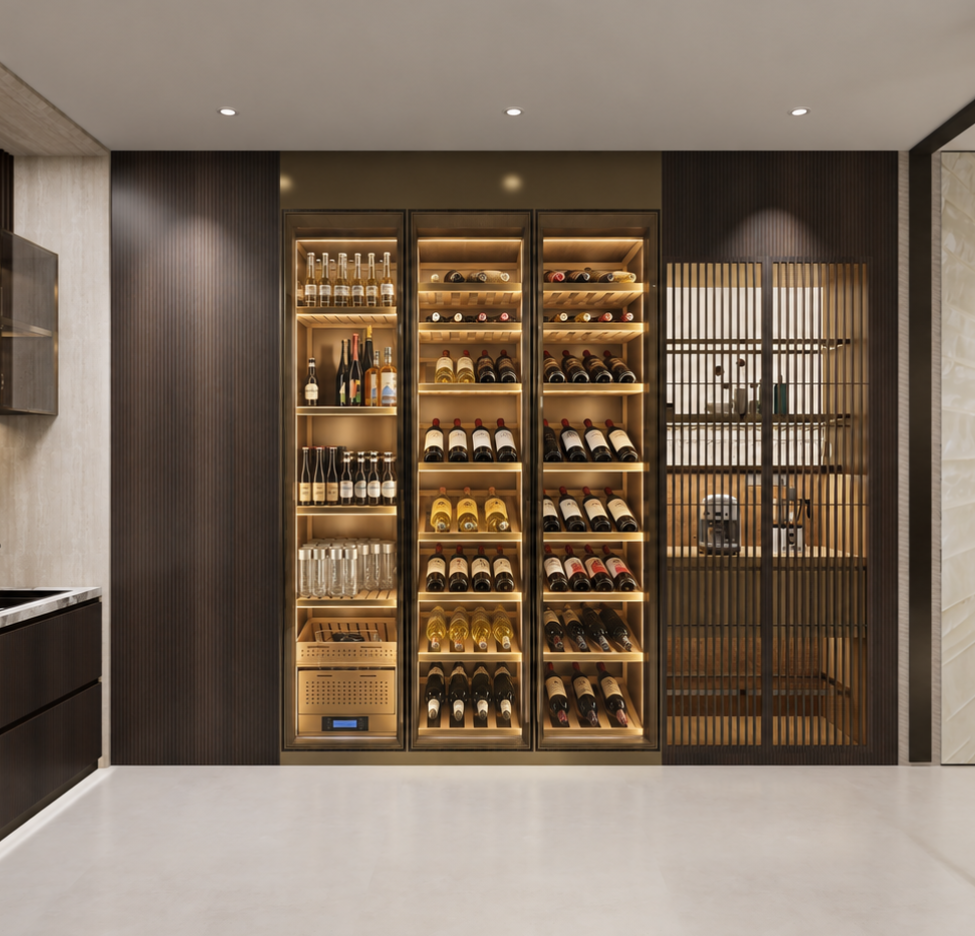 Meerkat Home social kitchen with an island and wine display in Singapore