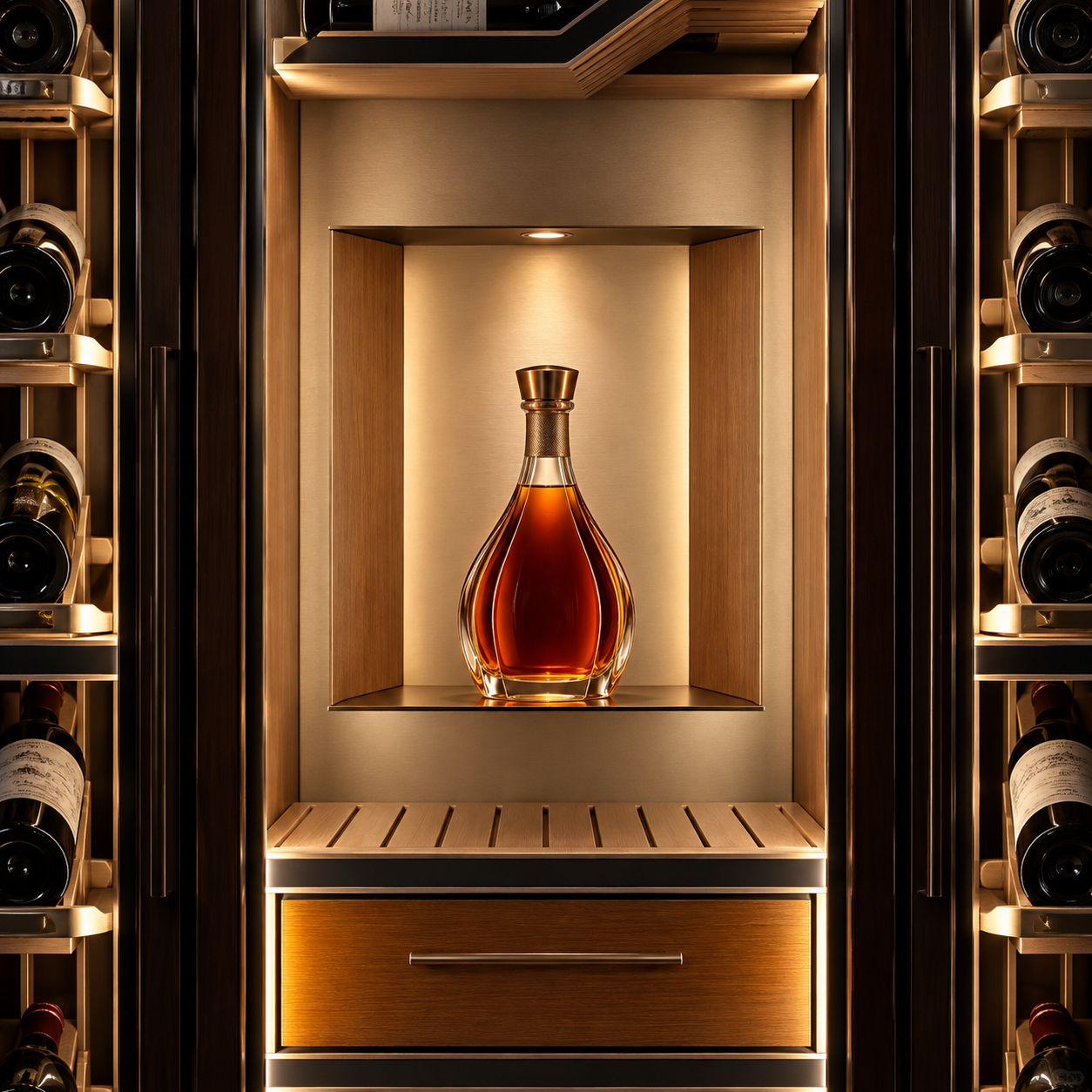Illuminated cognac display niche in a wine cabinet