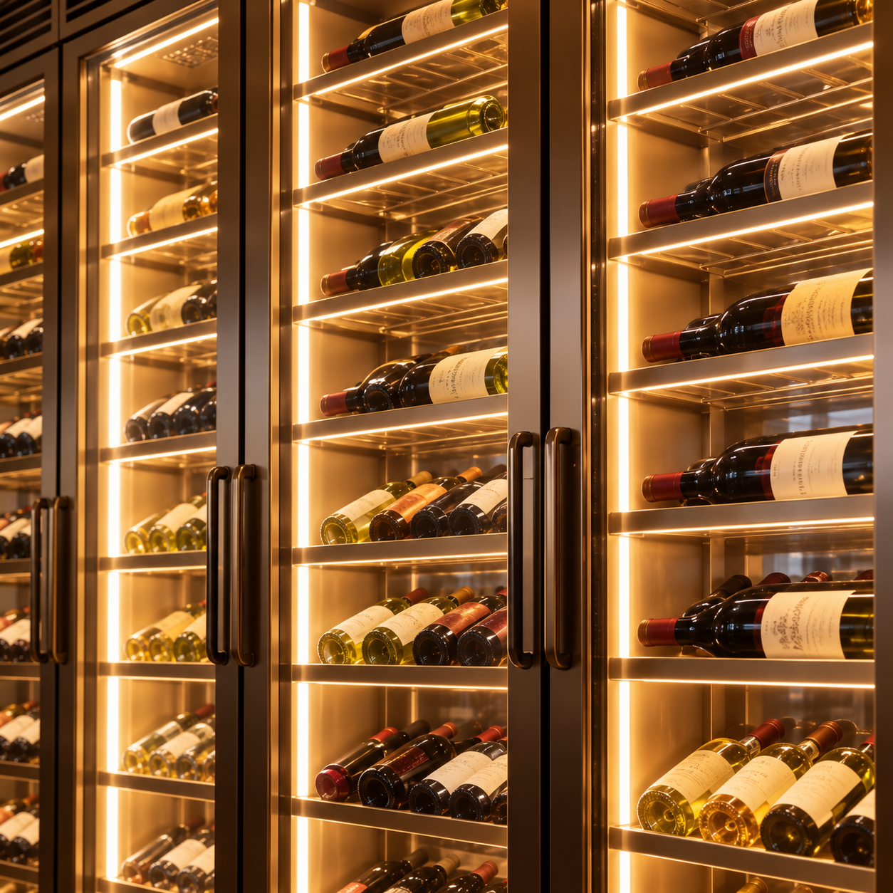 Integrated LED lighting illuminating wine bottles in a custom cabinet