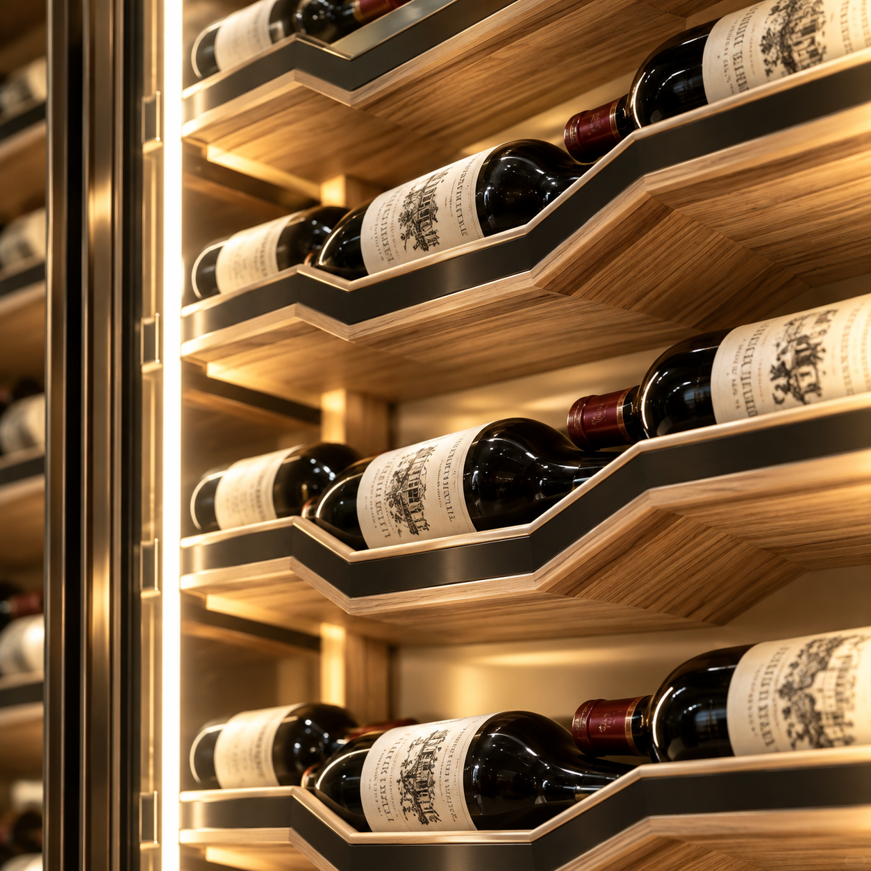 Custom timber bottle racks in a wine cabinet