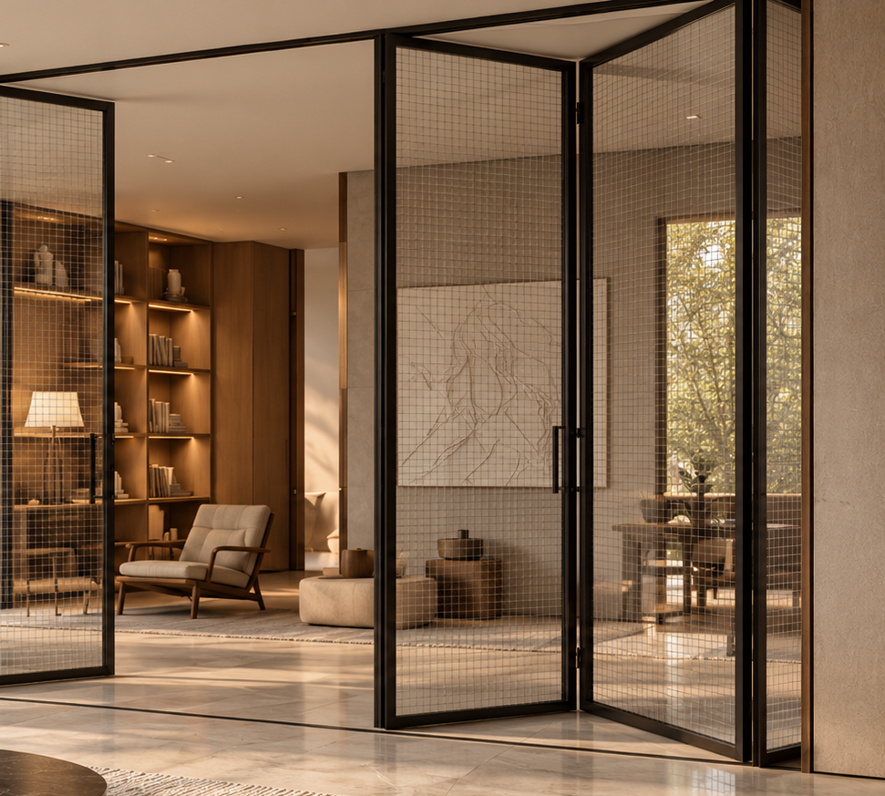 Glass folding and linked sliding doors connecting living spaces in a Meerkat Home Singapore interior